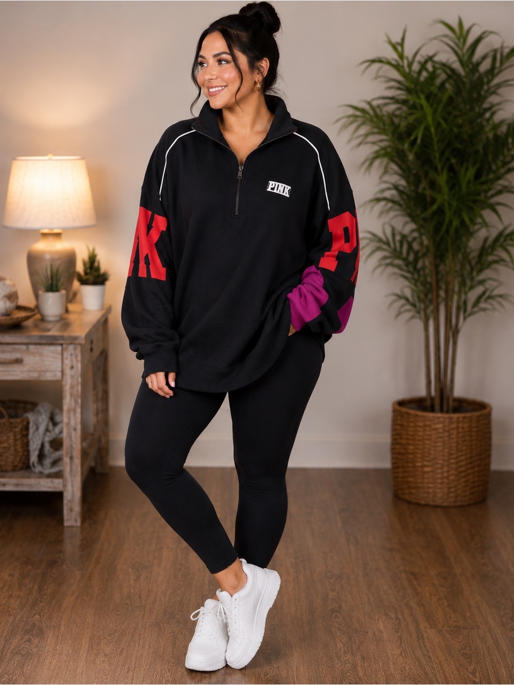 Vs pink oversized large black half zip up